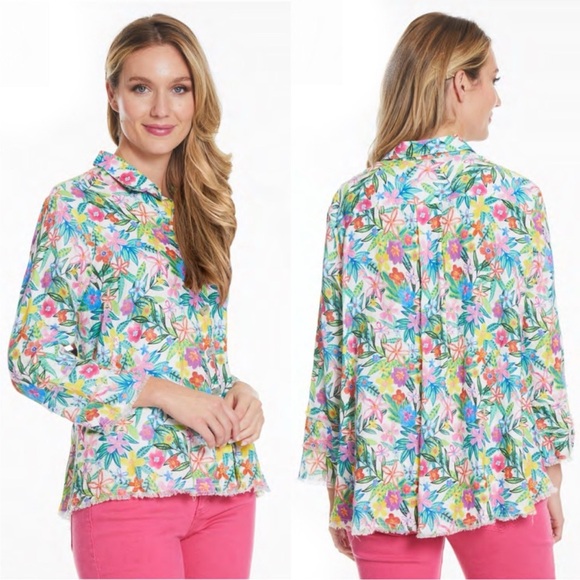 John Mark Tops - NWT John Mark Plus Size Tunic Linen Floral Point Collar Button Front Blouse Top